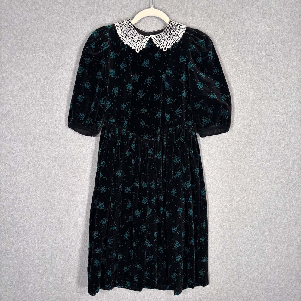 Vintage Velvet Lace Collar‎ Dress 10 Navy 90s Dark Victorian Prairie Coquette